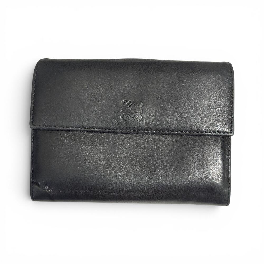 Loewe Black Leather Trifold Wallet with Zip Coin Pocket Gold Tone Hardware